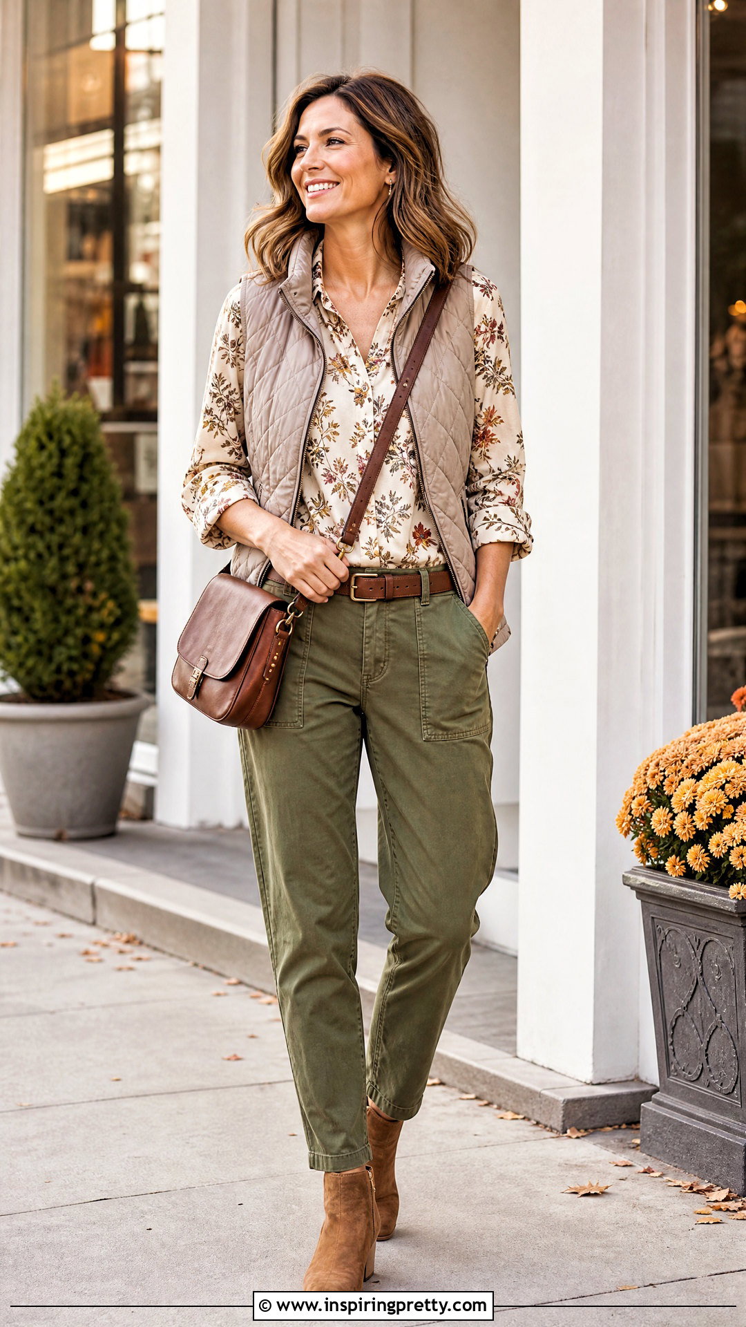 Autumn Floral Top With Olive Utility Pants - 20 Autumn Flower Tops outfit ideas