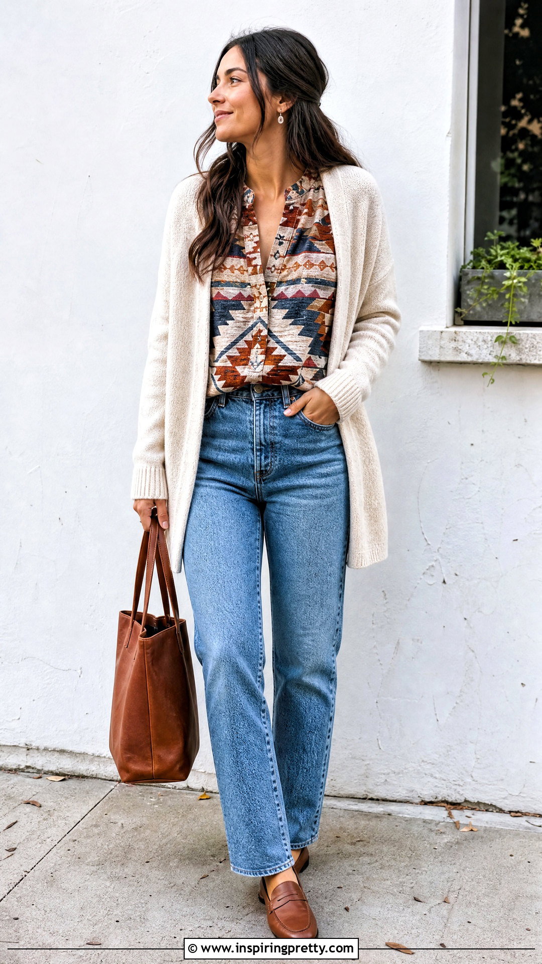 Aztec Top With A Cardigan And Straight Leg Jeans - 25 Aztec Top Outfit ideas