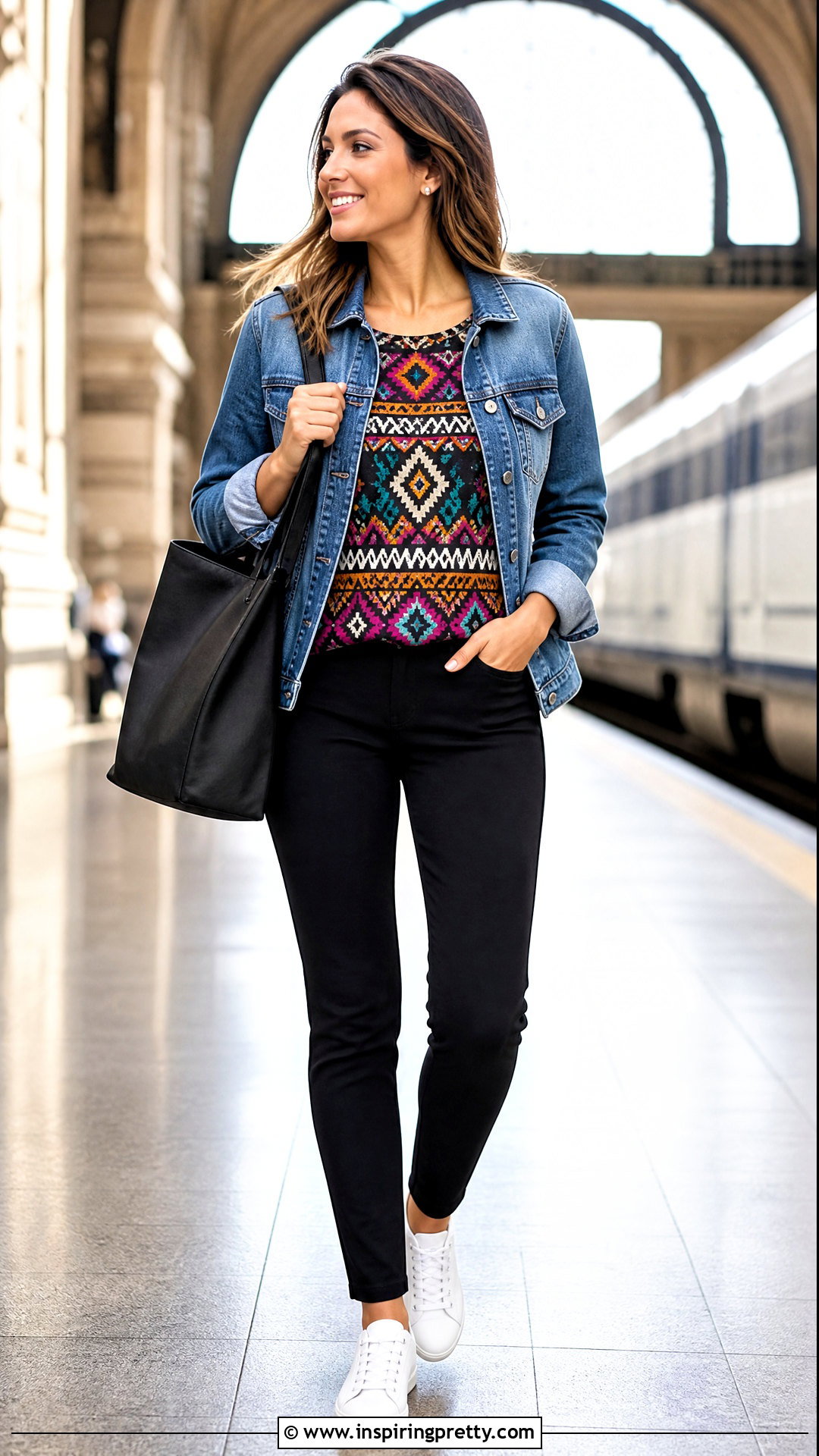 Aztec Top With A Denim Jacket And Black Pants - 25 Aztec Top Outfit ideas