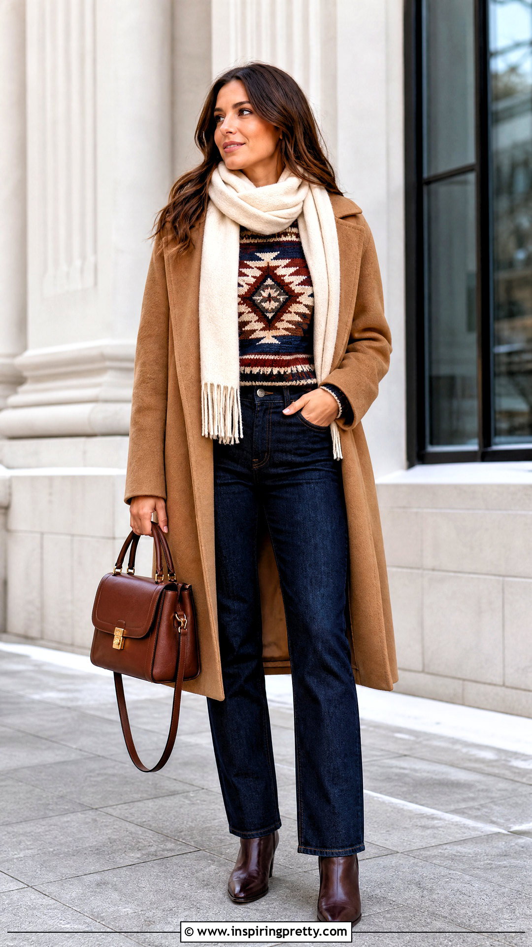 Aztec Top With A Long Coat And Dark Denim - 25 Aztec Top Outfit ideas