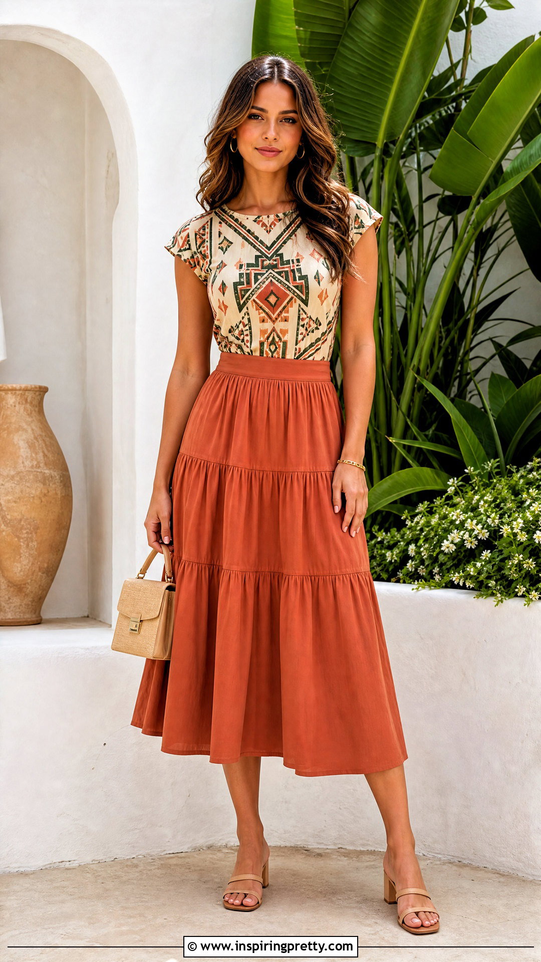Aztec Top With A Tiered Midi Skirt And Sandals - 25 Aztec Top Outfit ideas