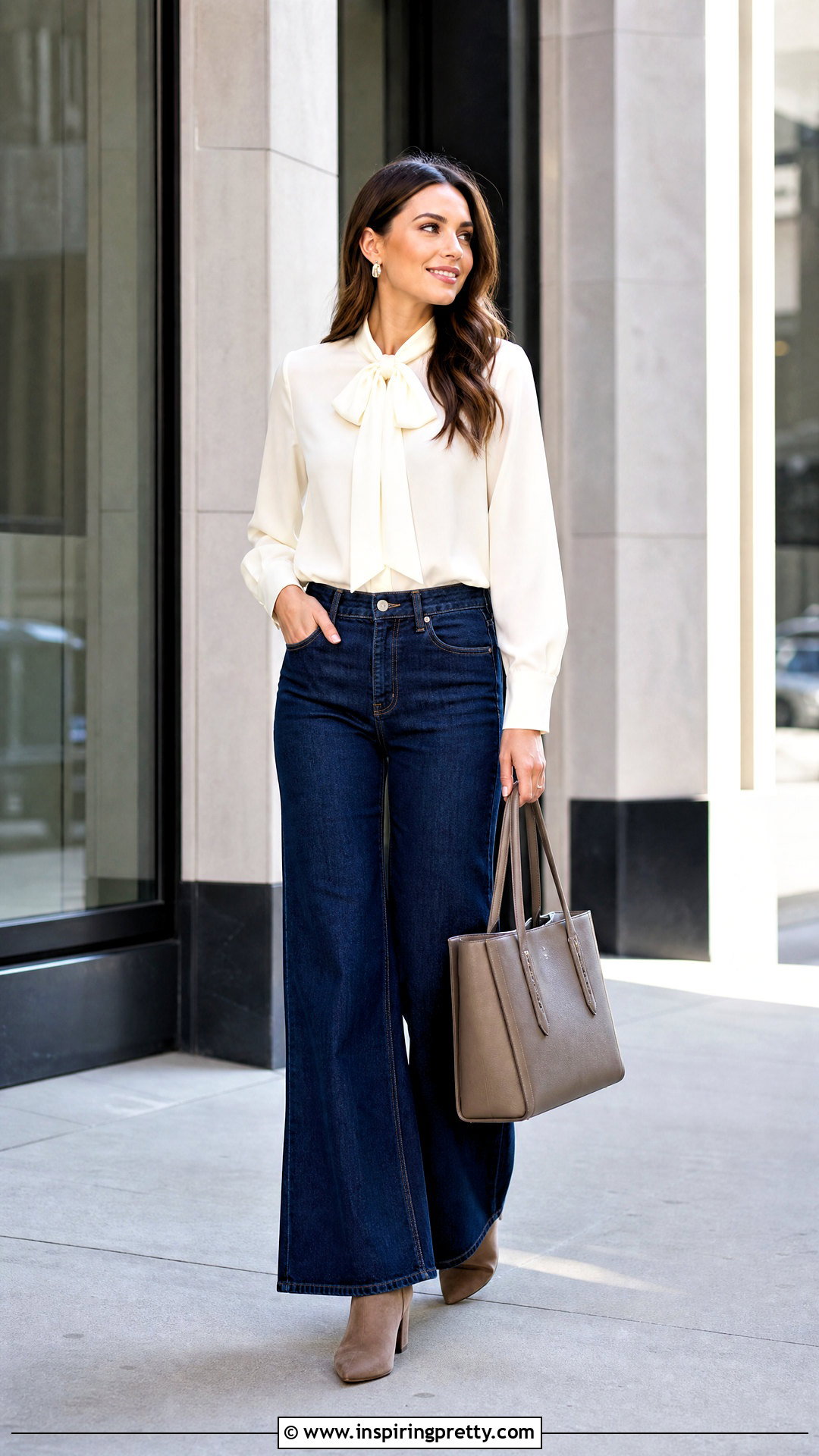 BCBGMAXAZRIA Bow Neck Blouse With Wide Leg Jeans - 20 bcbgmaxazria tops outfit ideas