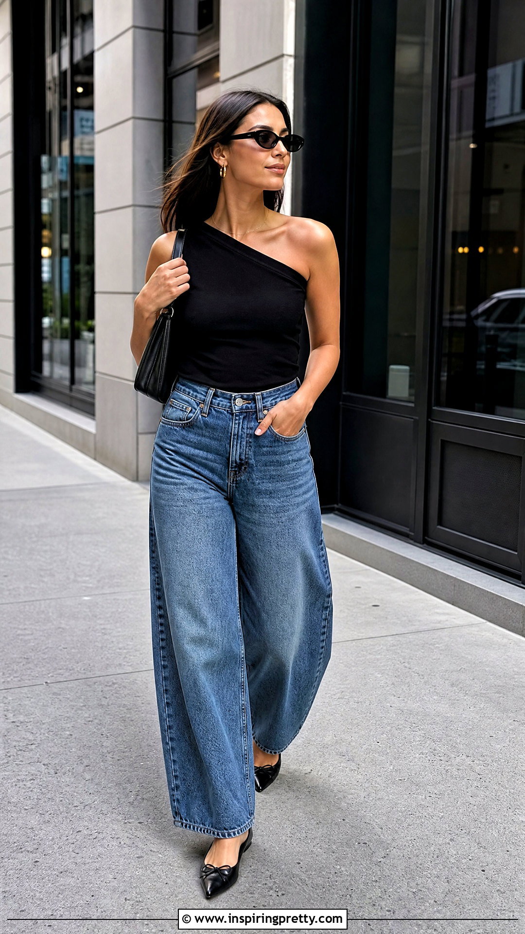 Babaton One Shoulder Top With Wide Leg Jeans - 20 babaton one shoulder top outfit ideas