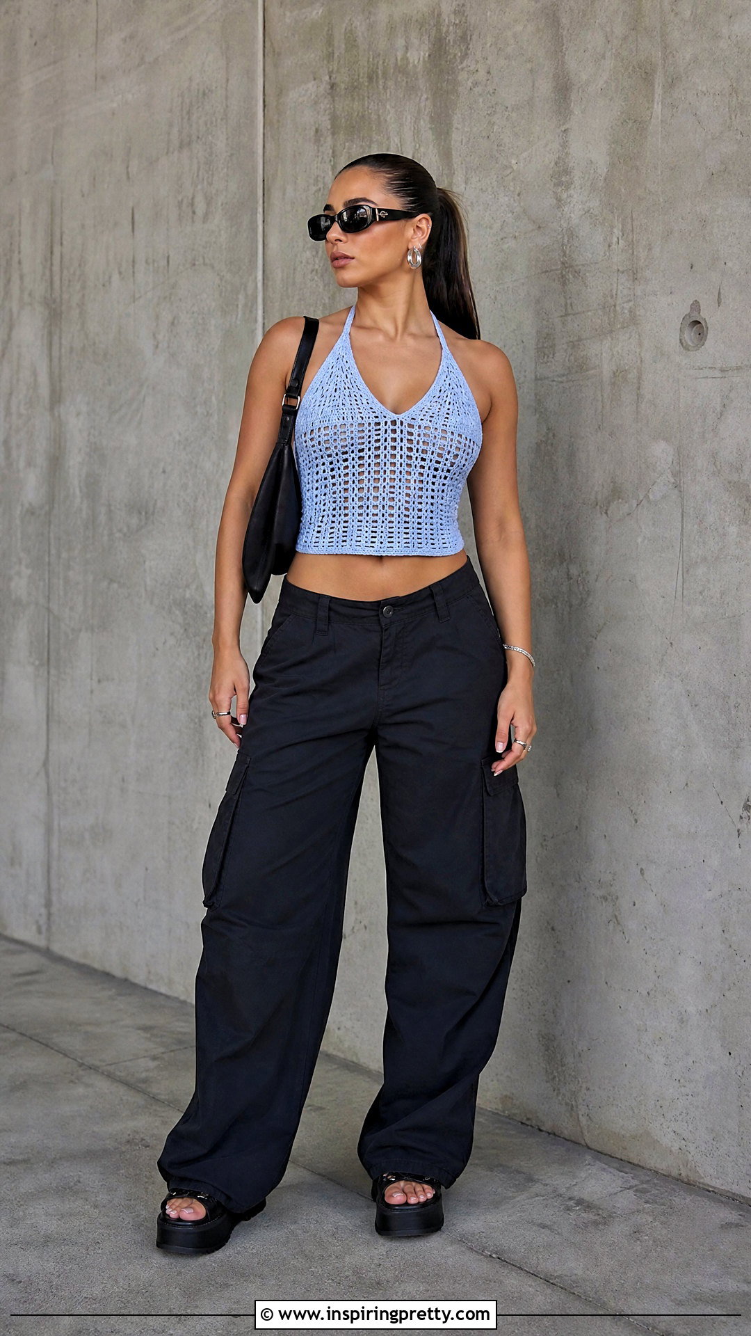 Baby Blue Crochet Halter Top With Black Cargo Pants - 20 baby blue crochet halter top outfit ideas