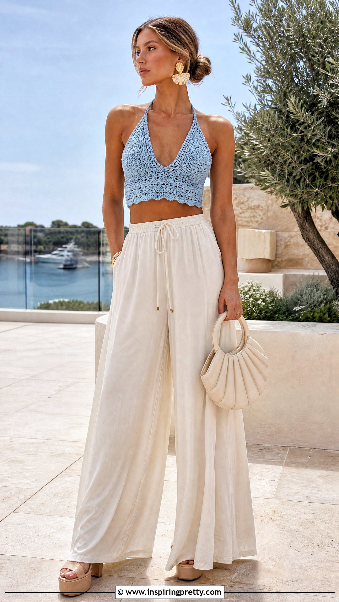 Baby Blue Crochet Halter Top With Cream Palazzo Pants - 20 baby blue crochet halter top outfit ideas