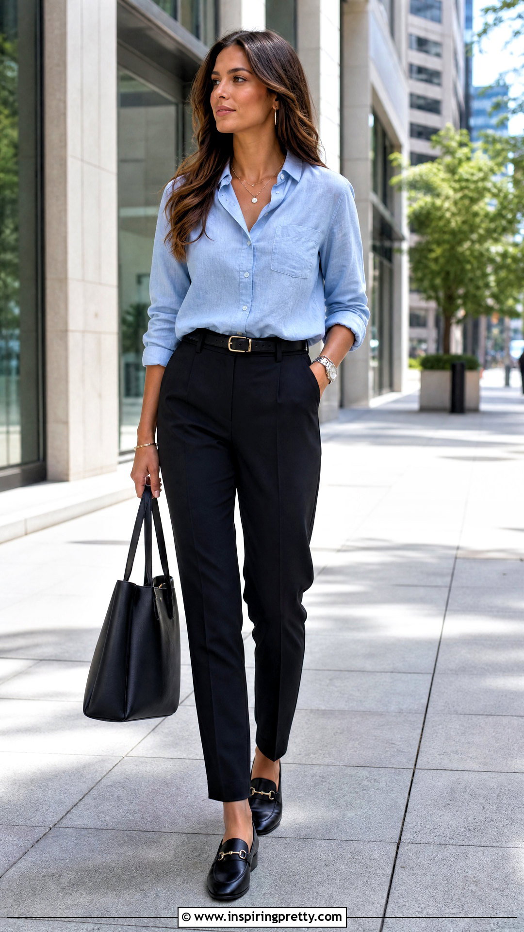 Baby Blue Denim Shirt With Black Trousers - 50 baby blue top outfit ideas