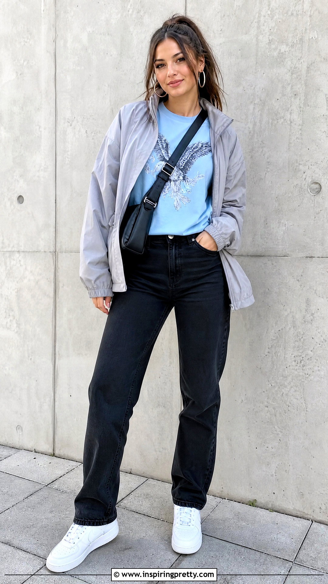Baby Blue Graphic Top With Black Jeans - 50 baby blue top outfit ideas