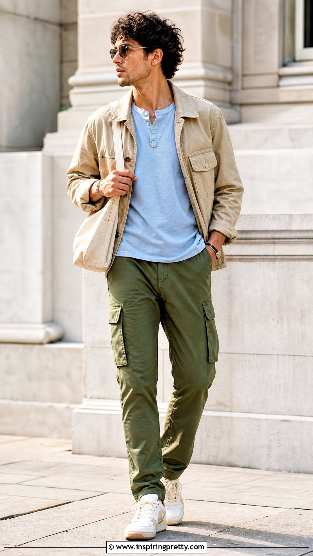 Baby Blue Henley Top With Cargo Pants - 50 baby blue top outfit ideas