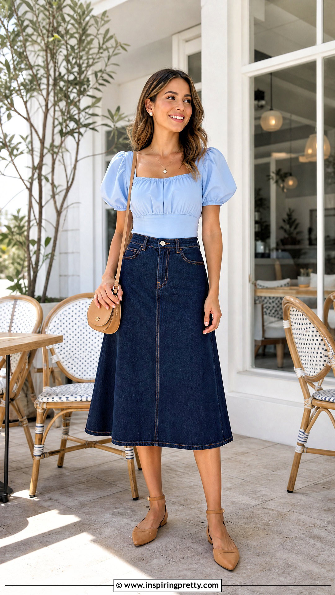 Baby Blue Puff Sleeve Top With Denim Skirt - 50 baby blue top outfit ideas