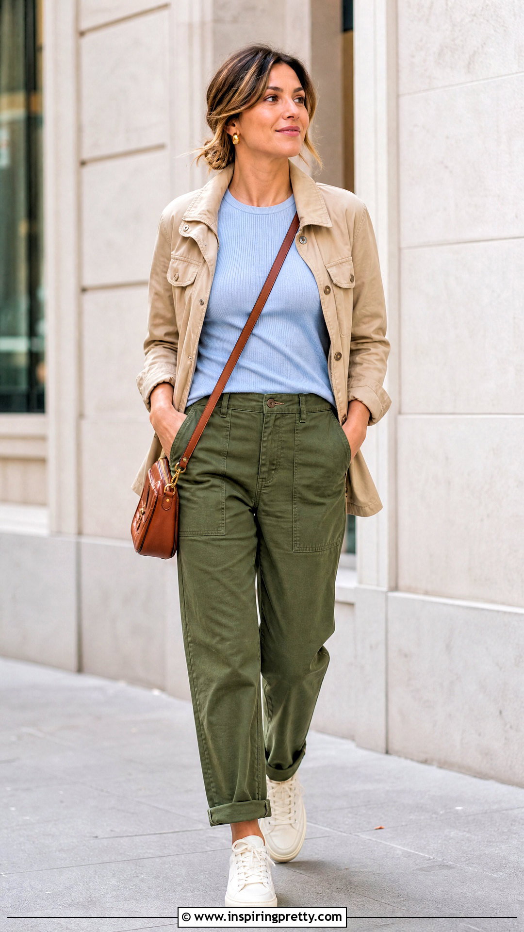 Baby Blue Top With Olive Green Pants - 50 baby blue top outfit ideas