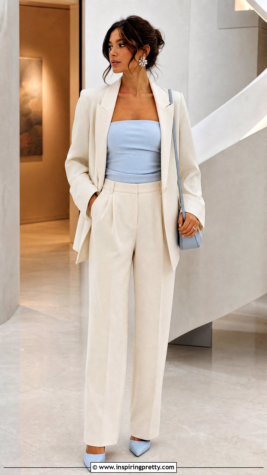 Baby Blue Tube Top With Oversized Blazer - 50 baby blue top outfit ideas
