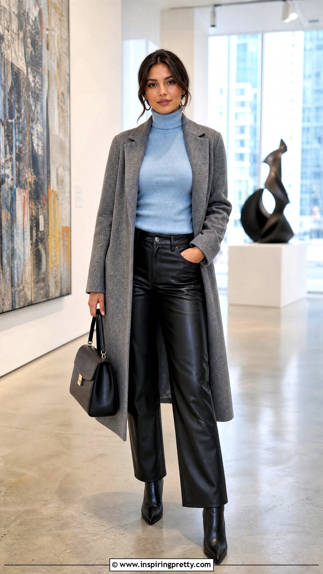 Baby Blue Turtleneck With Leather Pants - 50 baby blue top outfit ideas