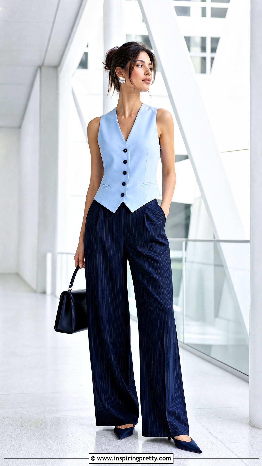 Baby Blue Vest Top With Pinstripe Trousers - 50 baby blue top outfit ideas