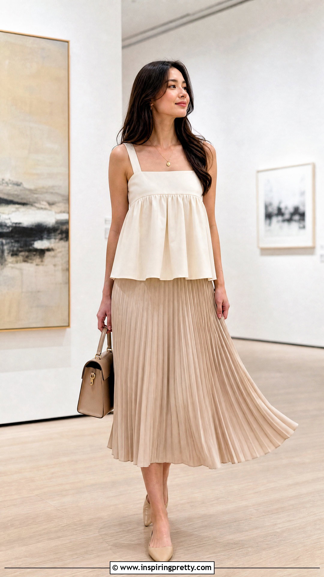 Baby Doll Top With Pleated Midi Skirt - 50 Baby Doll Top Outfit ideas