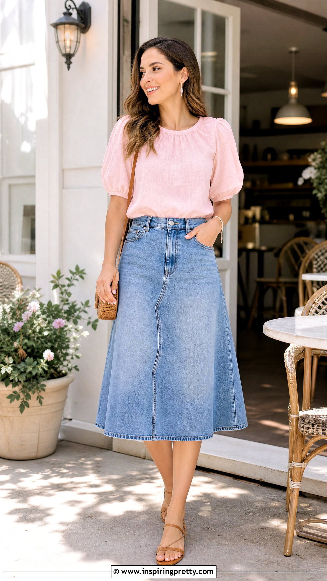 Baby Pink Top With Blue Denim Skirt - 50 baby pink top outfit ideas