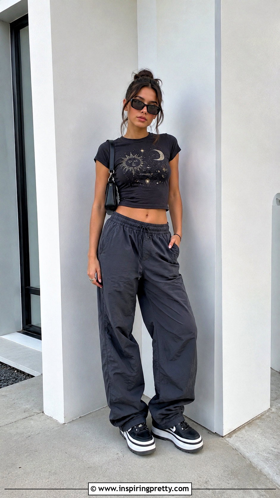 Baby Tee With Parachute Pants - 50 alt tops outfit ideas
