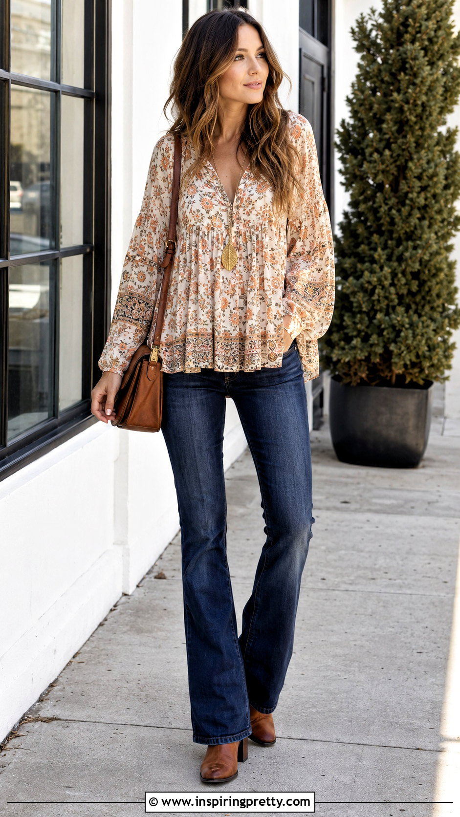 Babydoll Bohemian Top With Bootcut Jeans - 20 bohemian chic tops outfit ideas