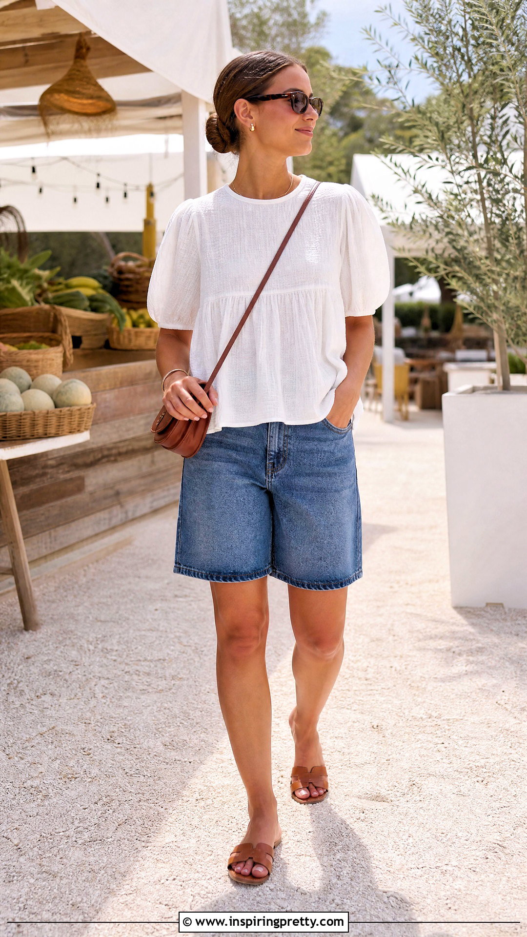 Babydoll Top With Denim Shorts - 50 summer tops outfit ideas