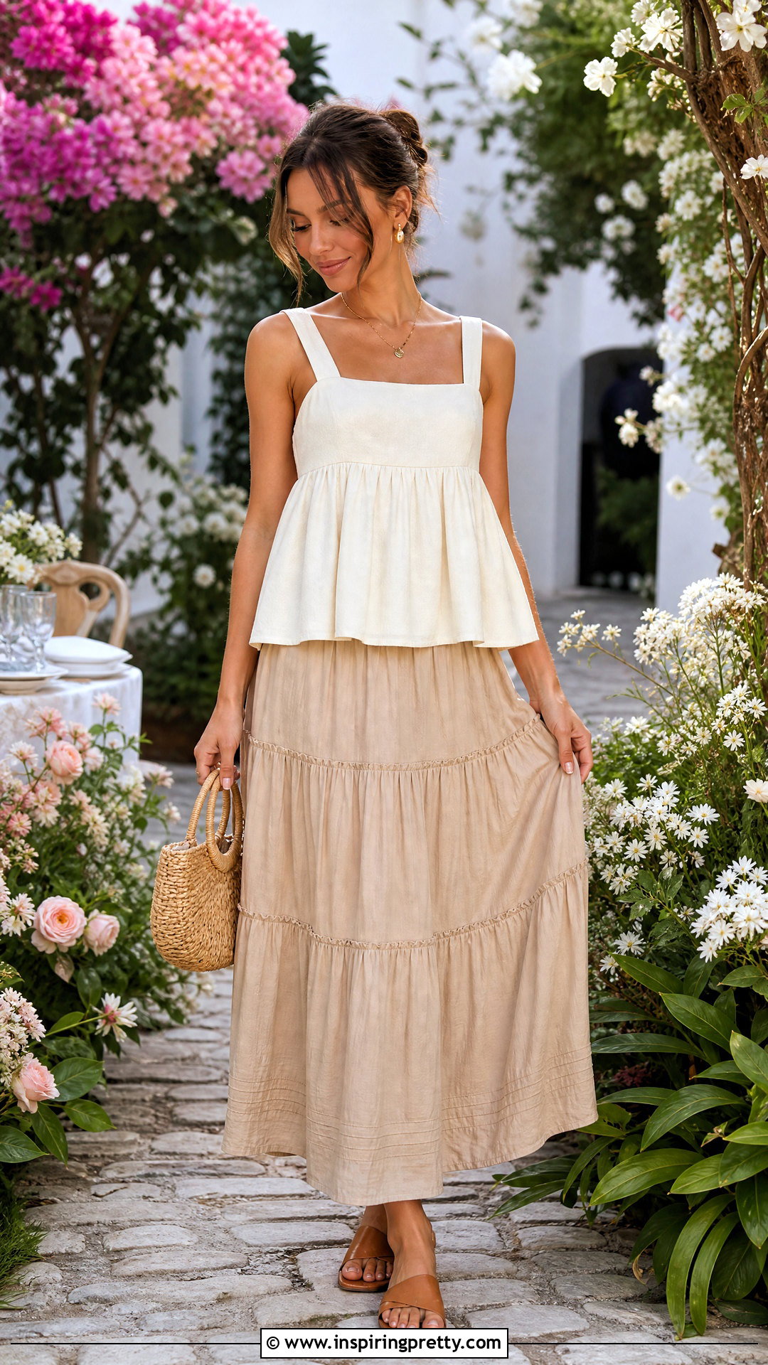 Babydoll Top With Tiered Midi Skirt - 50 babydoll top outfit summer ideas