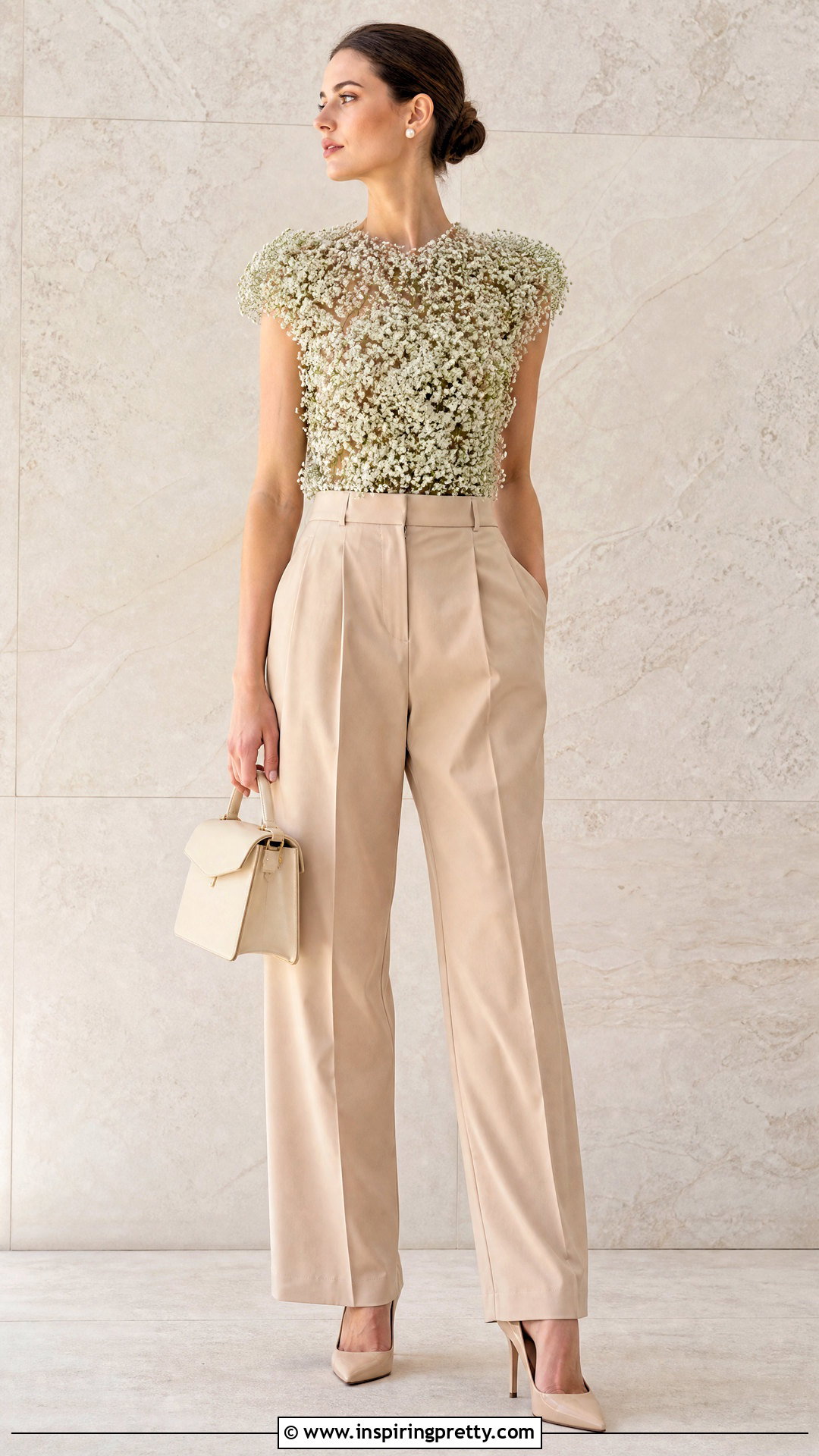 Babys Breath Flower Top With Beige Trousers - 50 flower top photoshoot ideas