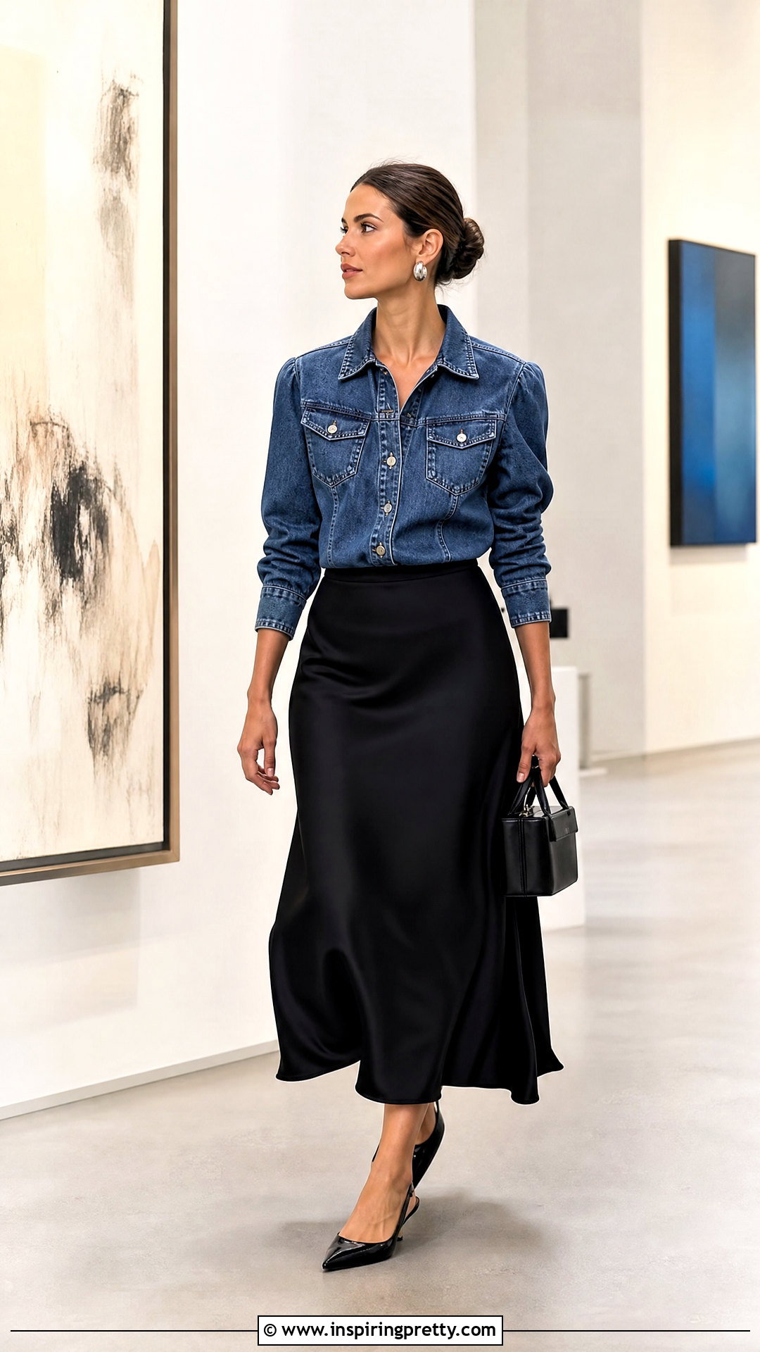 Baccini Denim Top With Black Satin Midi Skirt - 25 Baccini Denim Top outfit ideas