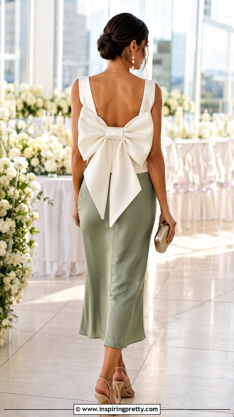 Back Bow Top With Satin Midi Skirt - 25 Large Bow Top outfit ideas