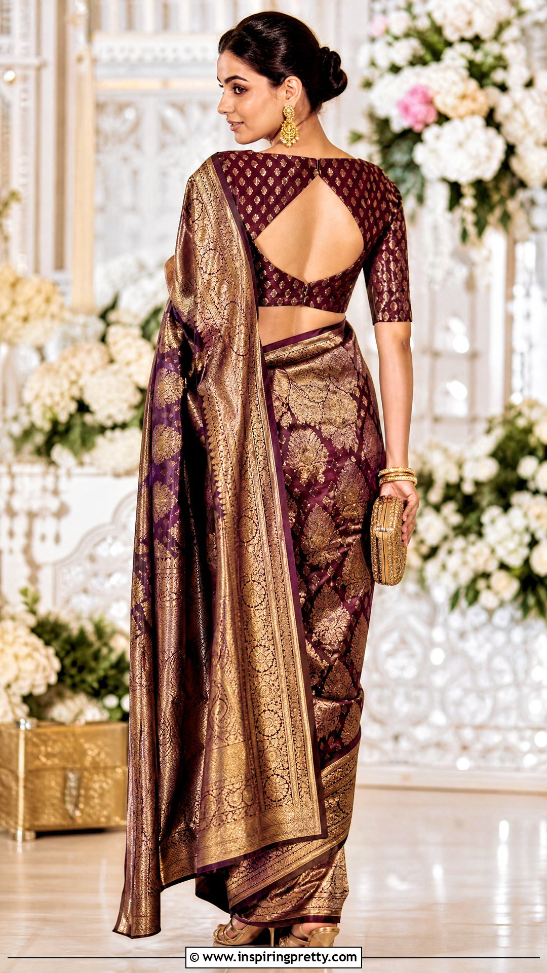Back Cutout Boat Neck Crop Top Blouse With Banarasi Saree - 20 Crop Top Blouse Designs Latest Boat Necks