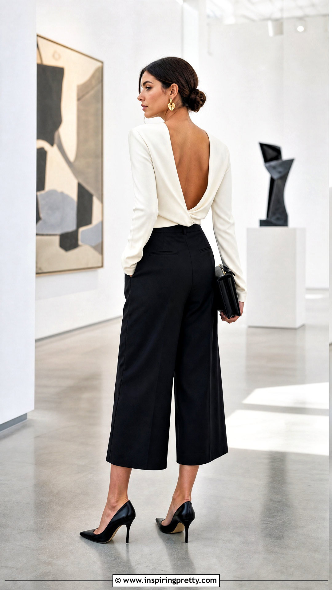 Backless Blouse With Tailored Culottes - 50 backless top outfit ideas