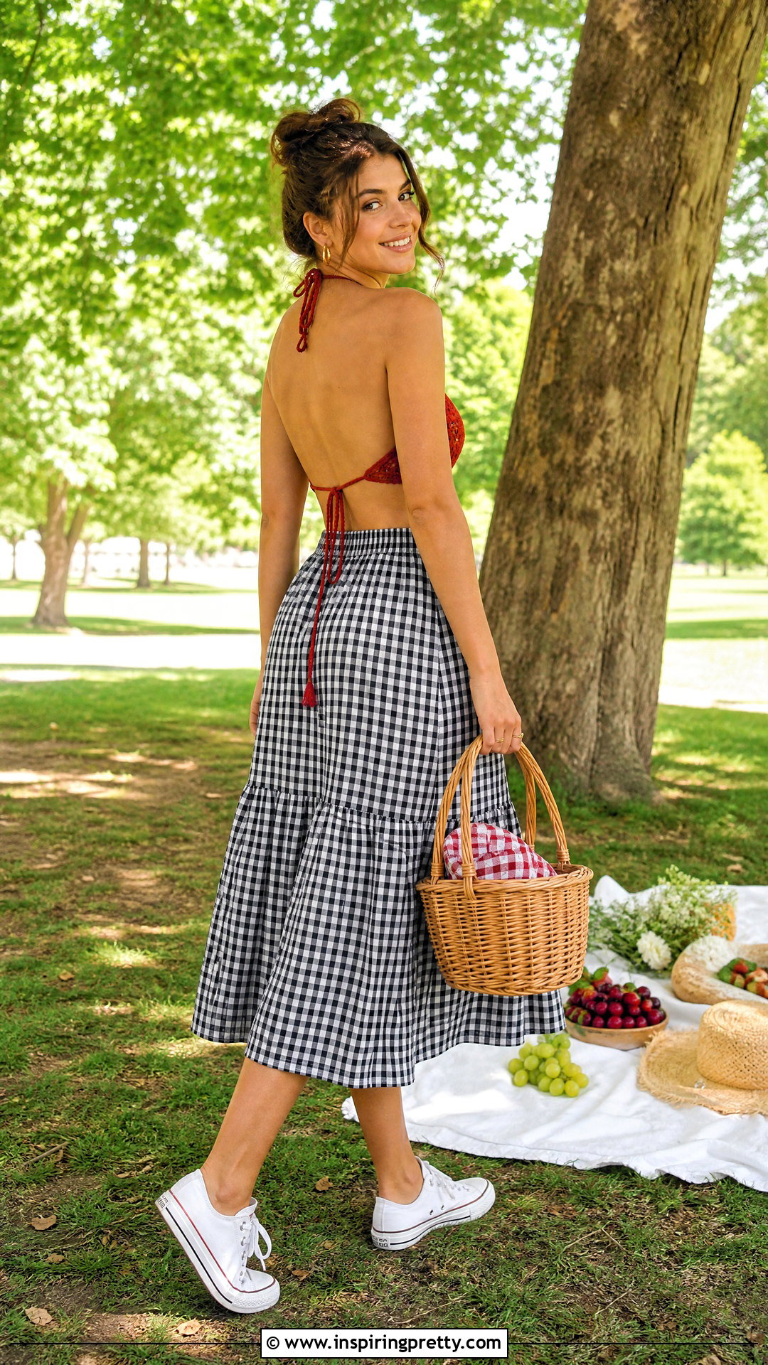Backless Crochet Top With Gingham Skirt - 50 backless crochet top outfit ideas