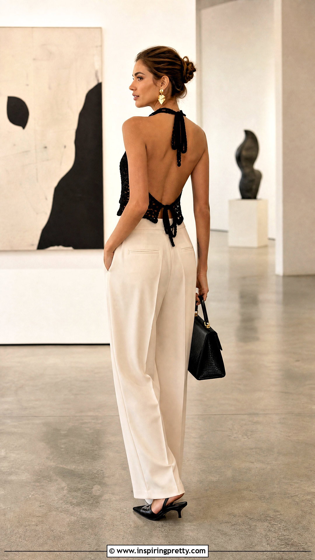 Backless Crochet Top With Tailored Pants - 50 backless crochet top outfit ideas