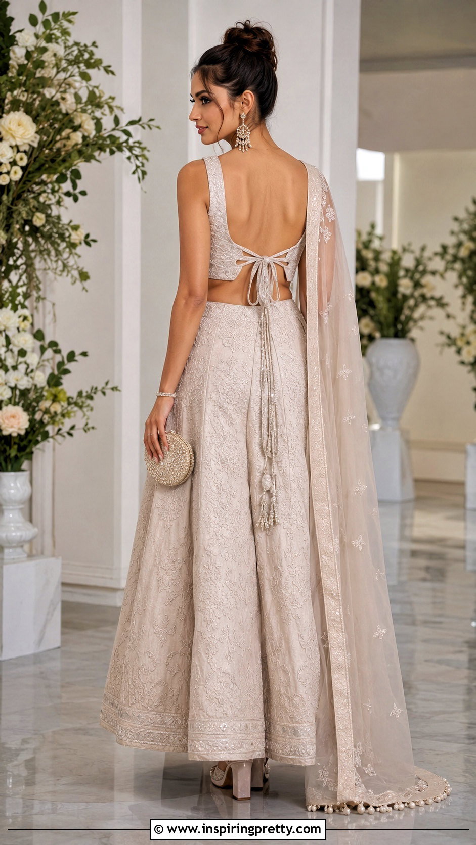 Backless Crop Top Blouse With Monochrome Lehenga - 20 Crop Top Blouse Designs For Lehanga Outfit Ideas