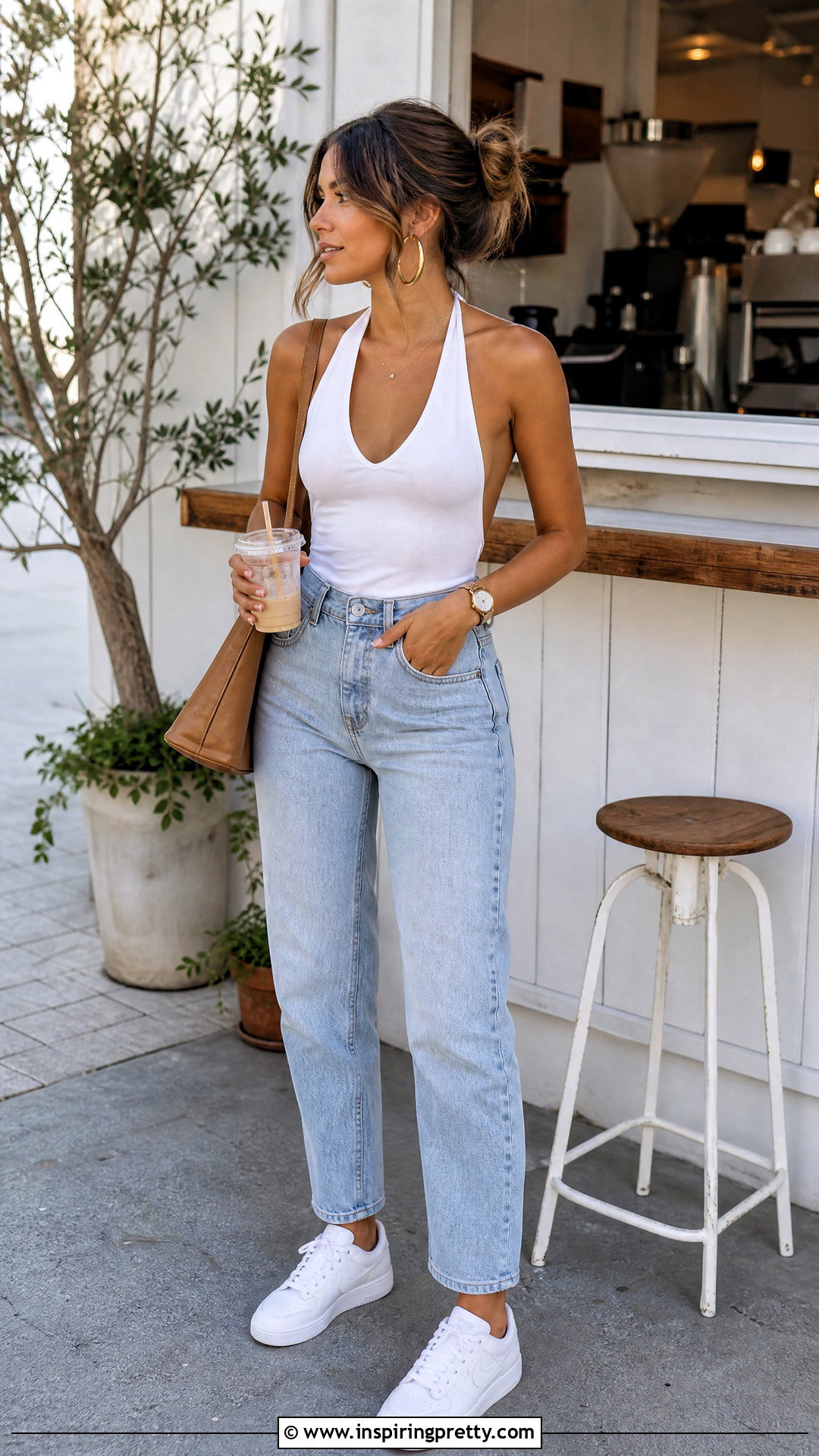 Backless Halter Top With High Waisted Mom Jeans - 50 backless halter top outfit ideas