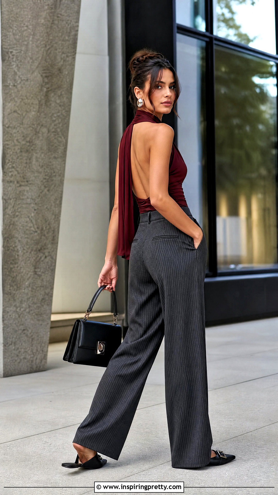 Backless Halter Top With Pinstripe Trousers - 50 backless halter top outfit ideas