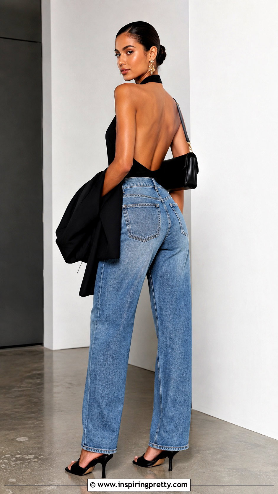Backless Top With High Rise Jeans - 50 jeans and top outfit going out ideas