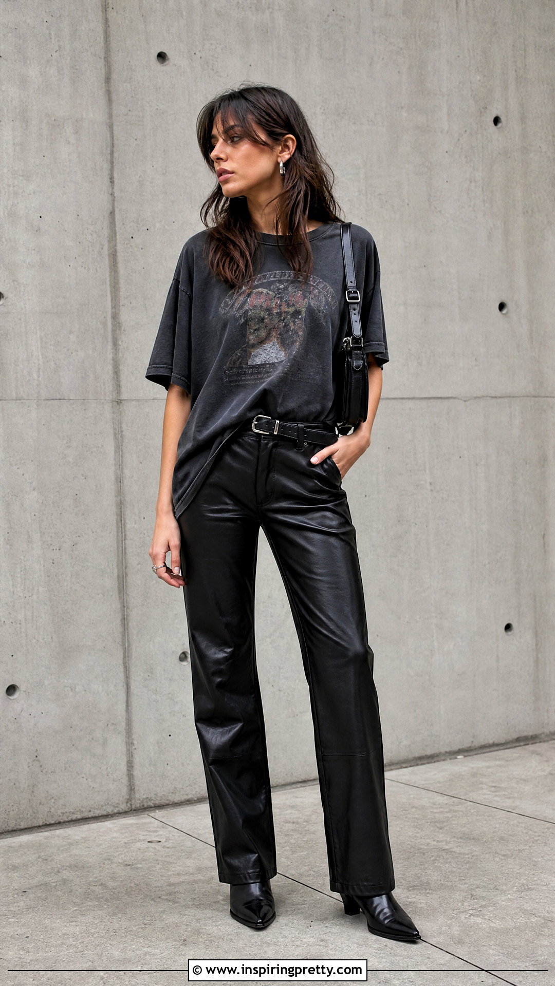 Baggy Band Tee With Leather Pants - 50 baggy top outfit ideas
