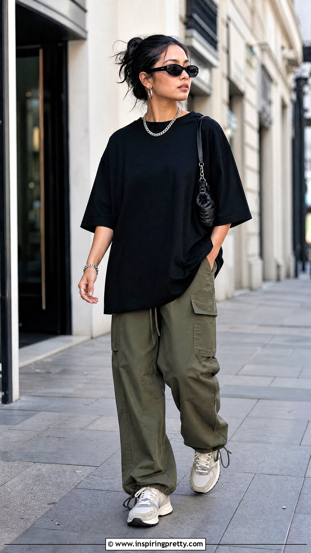 Baggy Black Tee With Cargo Pants - 50 baggy top outfit ideas