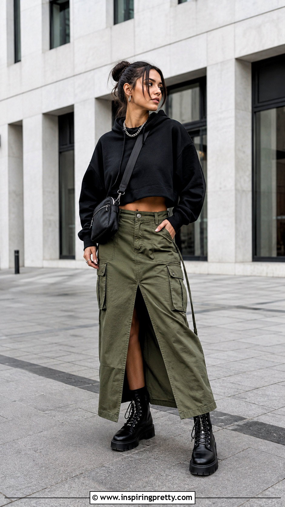 Baggy Crop Top Hoodie With Cargo Maxi Skirt - 25 Baggy Crop Top Hoodie outfit ideas