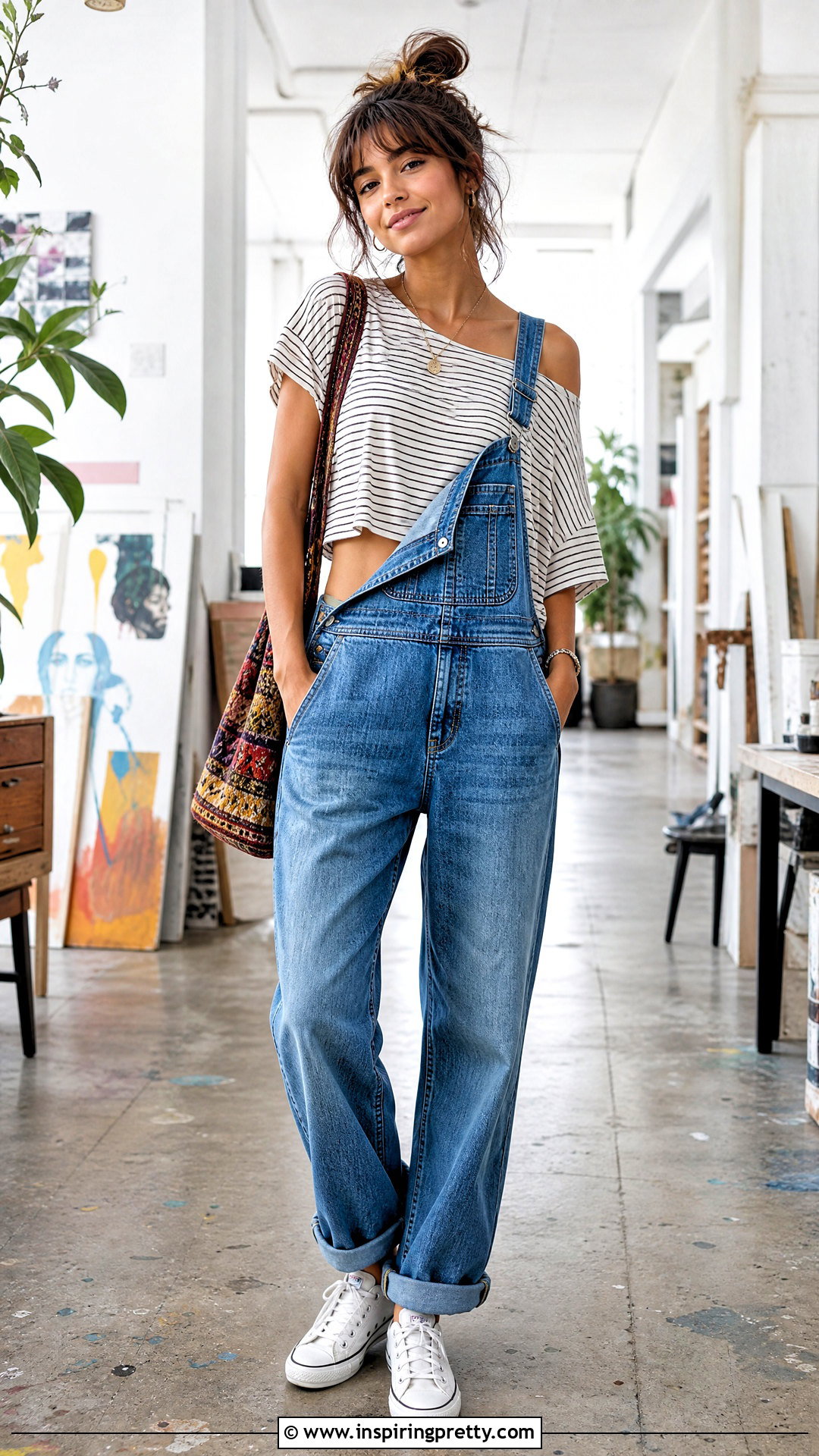 Baggy Crop Top With Denim Overalls - 50 baggy crop top outfit ideas