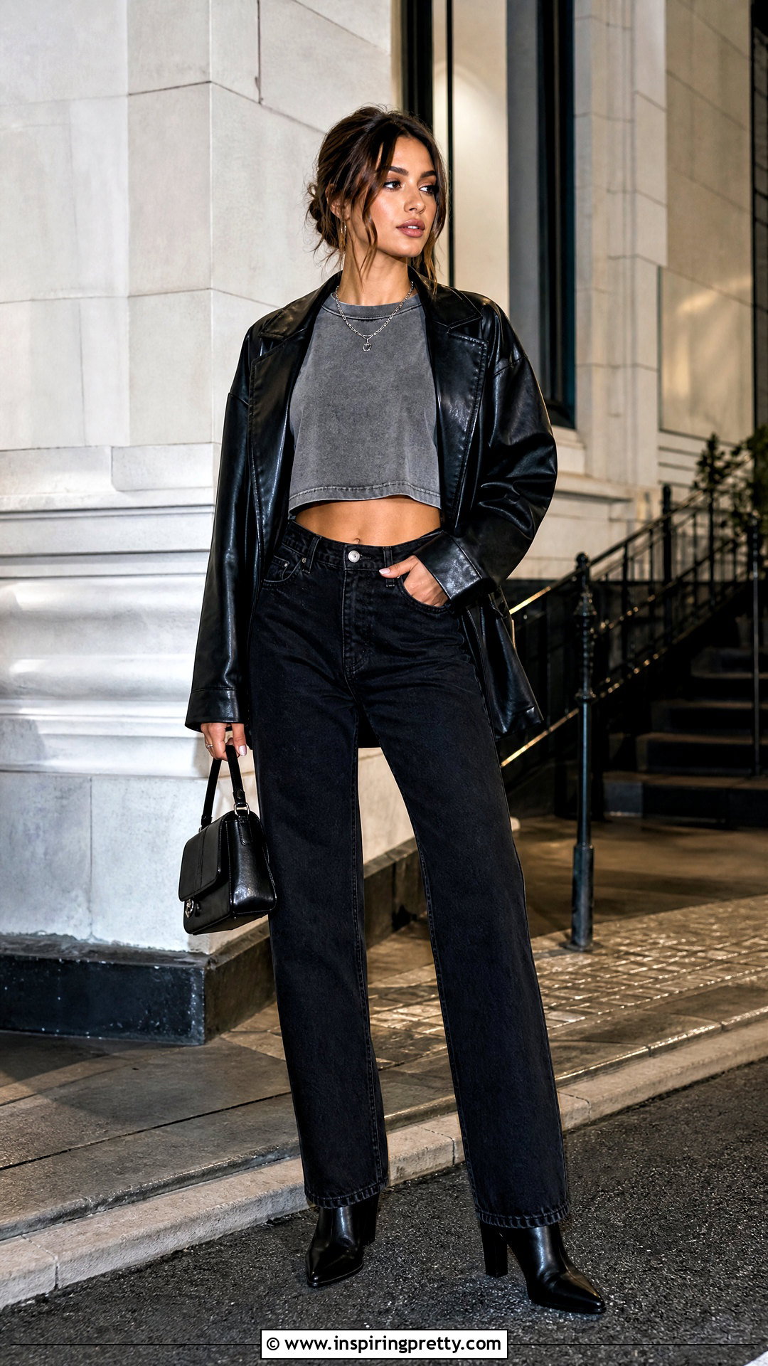 Baggy Crop Top With Faux Leather Jacket - 50 baggy crop top outfit ideas