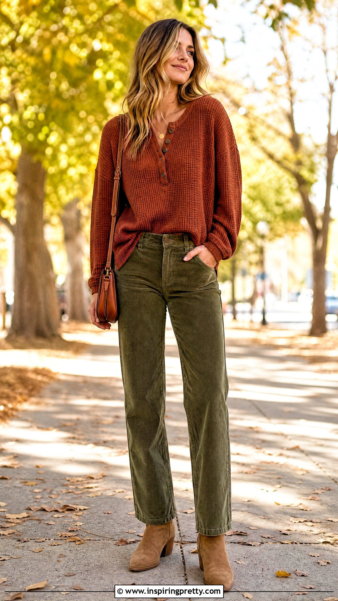 Baggy Henley Top With Corduroy Pants - 50 baggy top outfit ideas