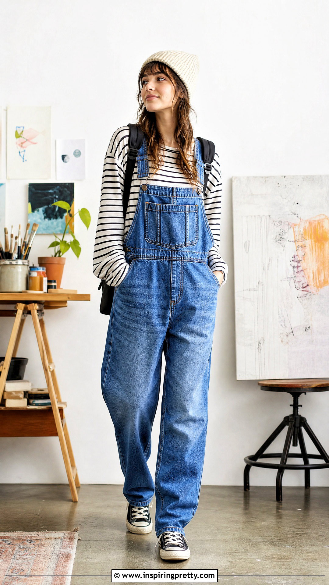 Baggy Long Sleeve Tee With Overalls - 50 baggy top outfit ideas