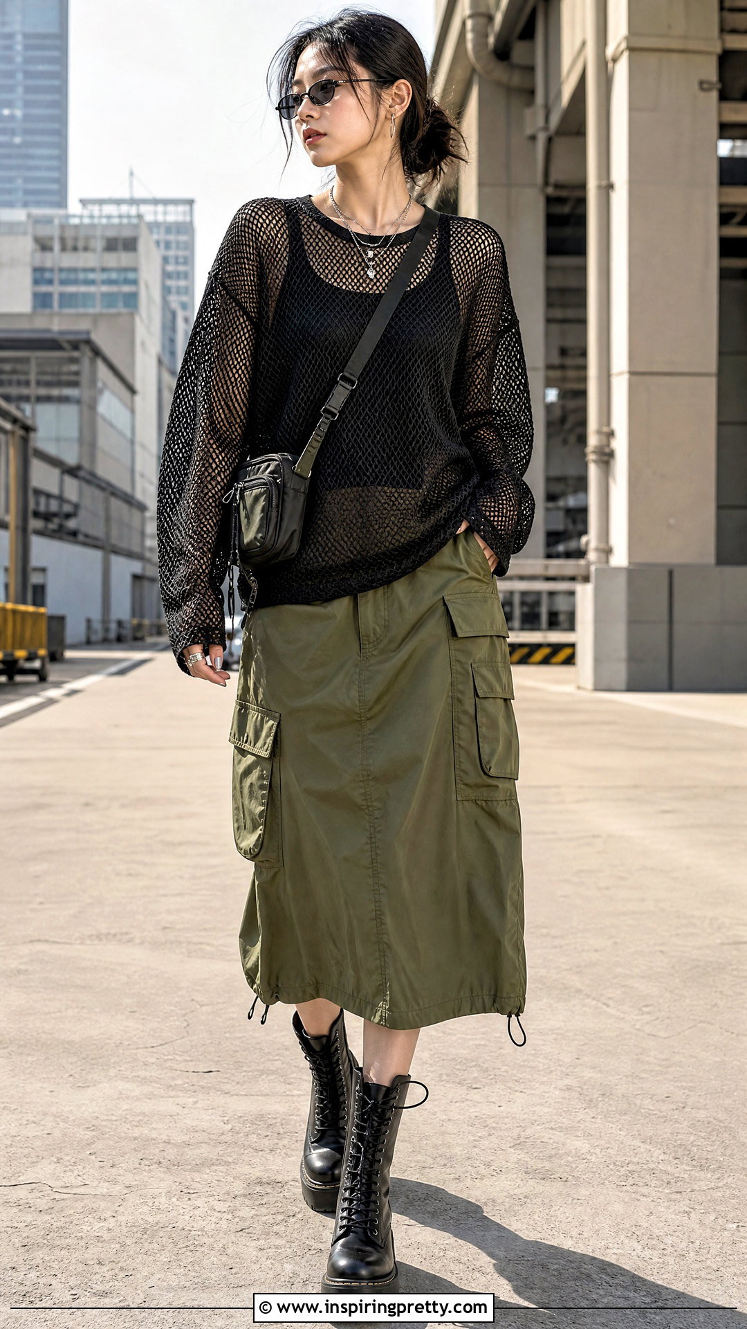 Baggy Mesh Top With Cargo Skirt - 50 baggy top outfit ideas