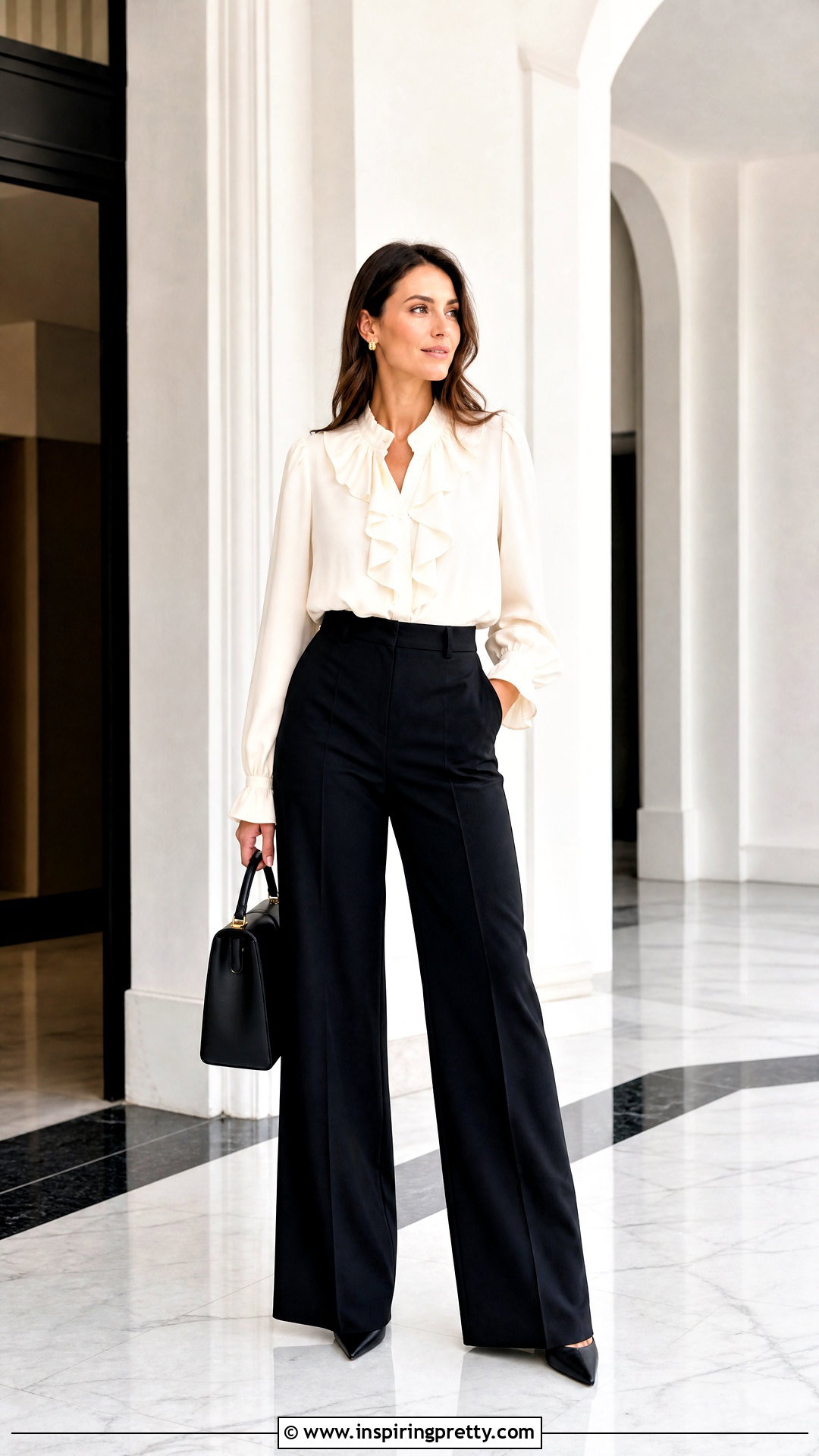 Baggy Ruffle Blouse With Wide Leg Trousers - 50 baggy top outfit ideas