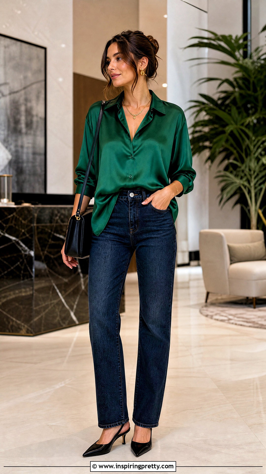 Baggy Satin Shirt With Dark Wash Jeans - 50 baggy top outfit ideas