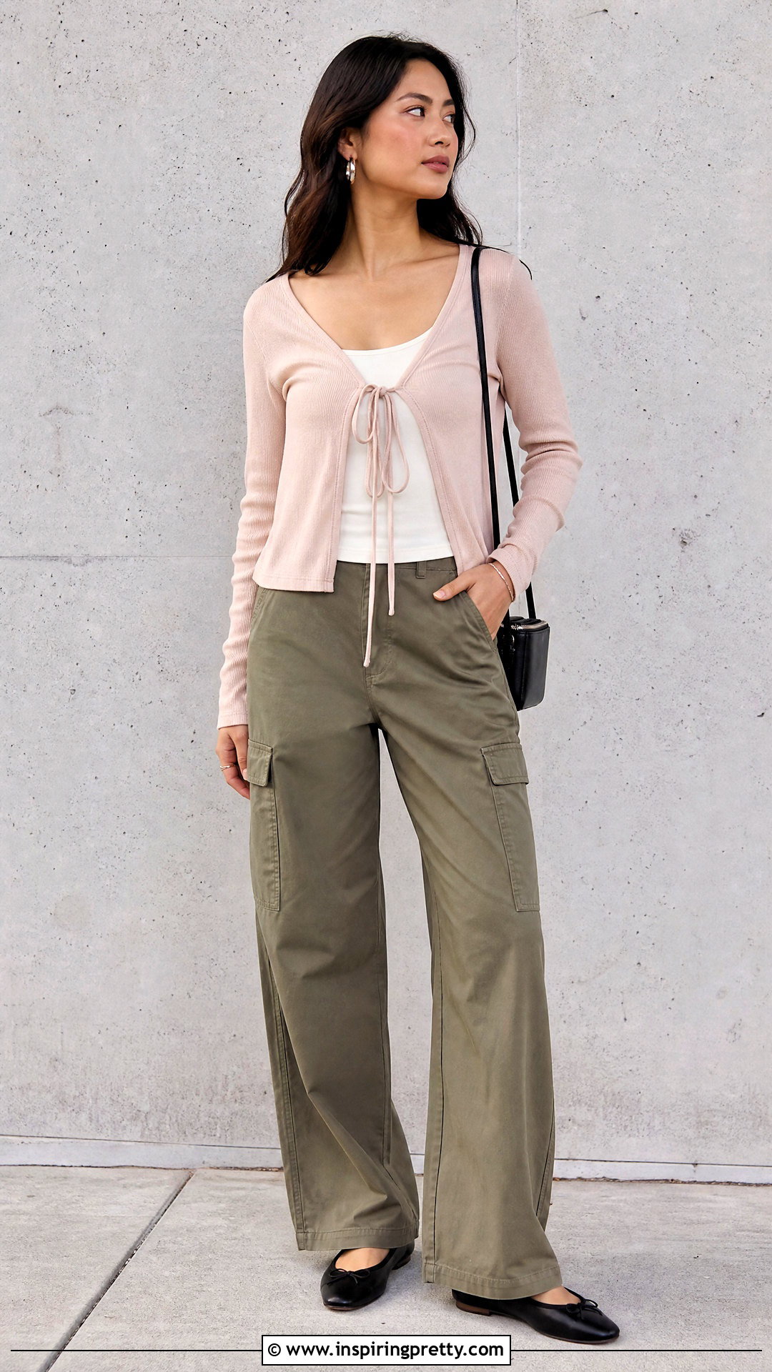 Ballet Tie Front Top With Cargo Pants - 25 Ballet Style Top outfit ideas