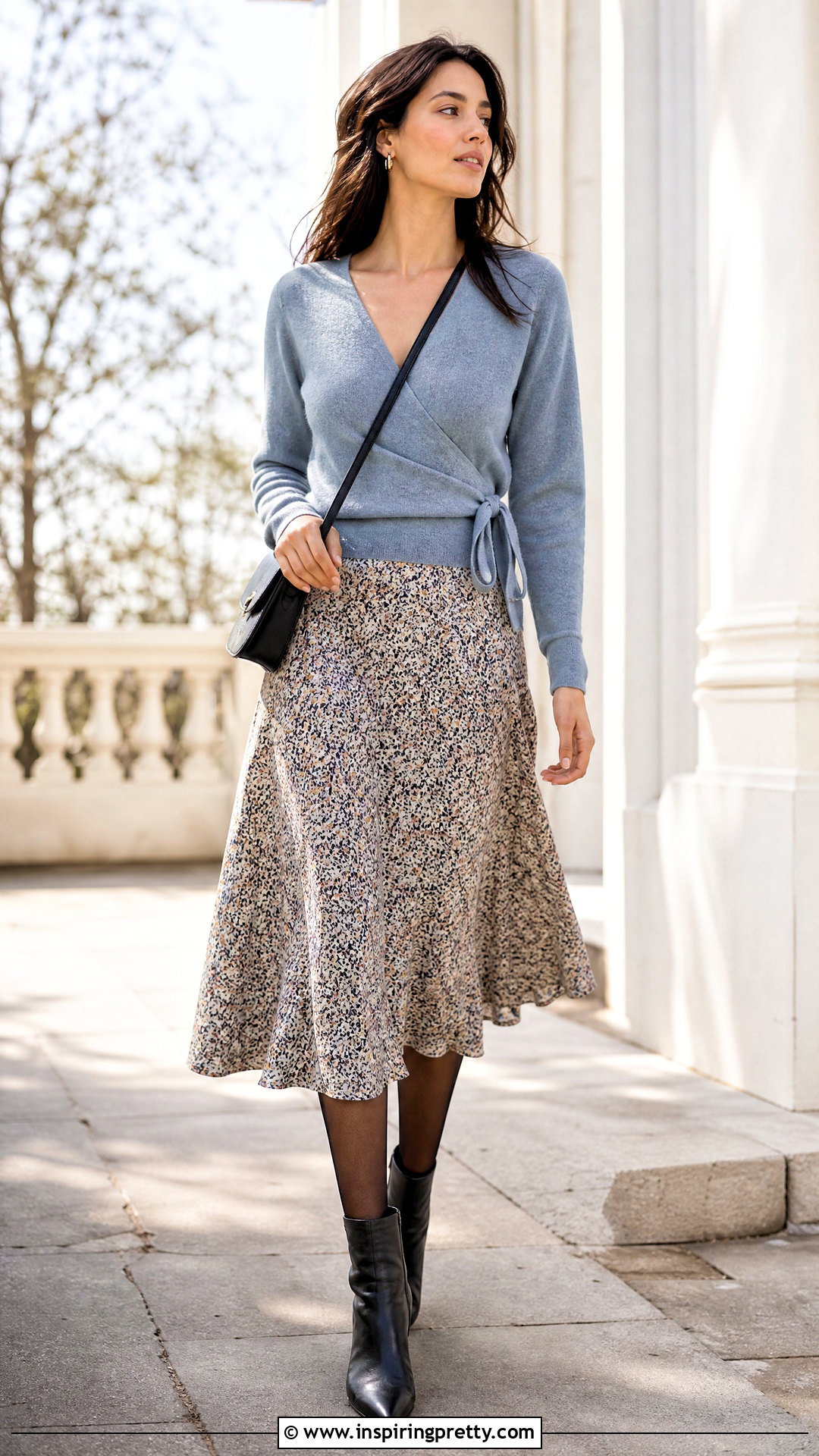 Ballet Wrap Top With Ankle Boots And Skirt - 50 ballet wrap top outfit ideas