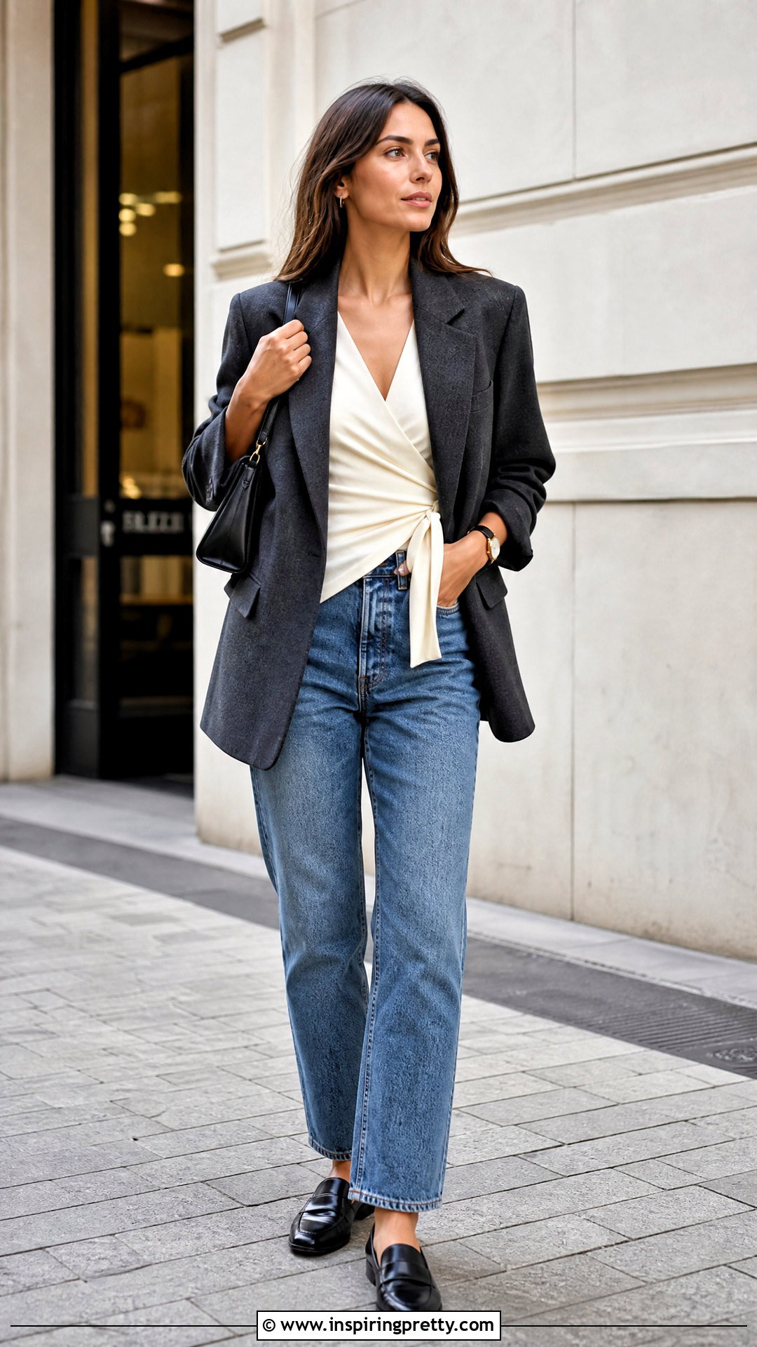 Ballet Wrap Top With Blazer And Jeans - 50 ballet wrap top outfit ideas