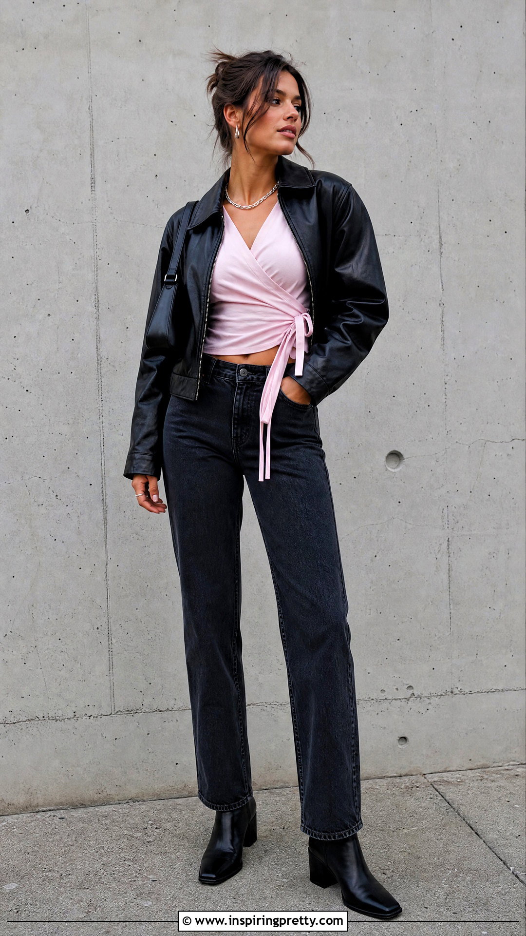 Ballet Wrap Top With Leather Jacket And Jeans - 50 ballet wrap top outfit ideas