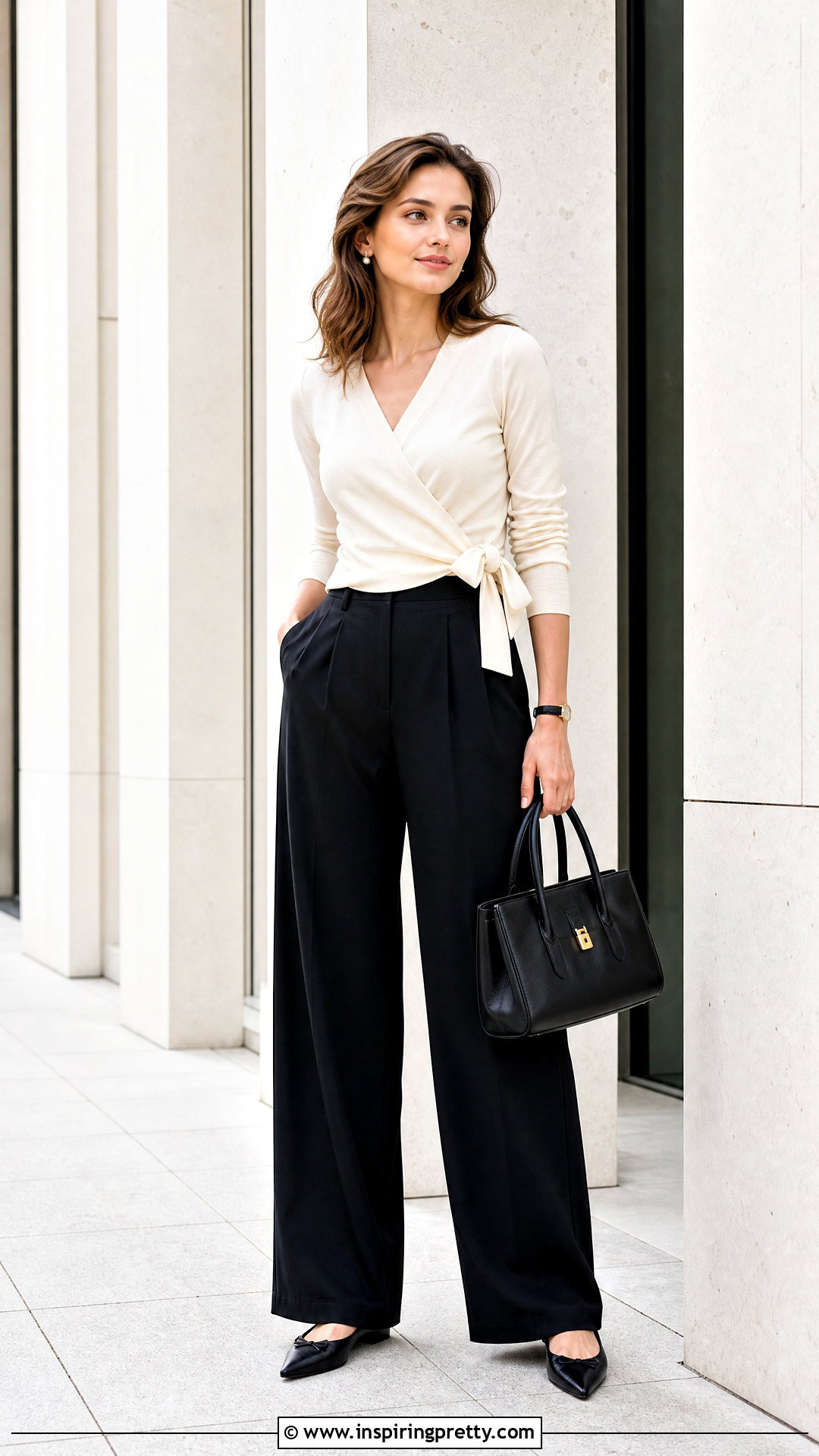 Ballet Wrap Top With Wide Leg Trousers - 25 Ballet Style Wrap Top outfit ideas