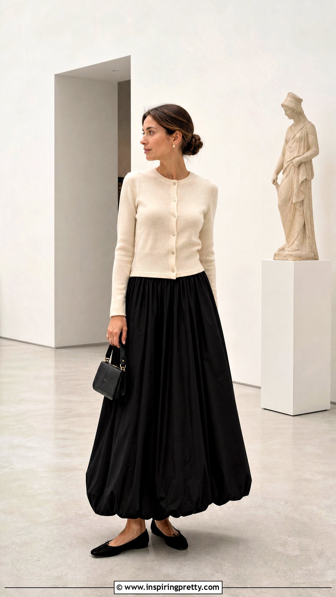 Balloon Long Skirt With Fitted Cardigan - 50 long skirt and top outfit ideas